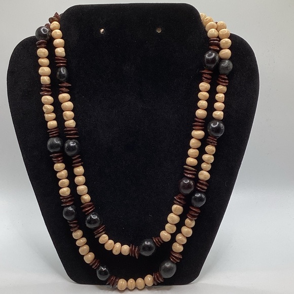 Handmade Jewelry - Layered Wooden Bead Necklace in Beige and Dark Brown